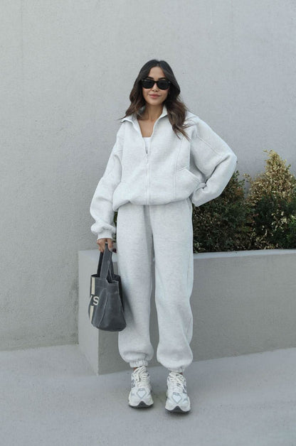 Light gray marl tracksuit with hooded jacket and tapered sweatpants