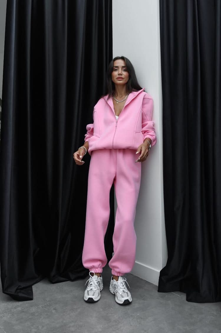 Bubblegum pink zip-up tracksuit with hooded jacket and cuffed joggers