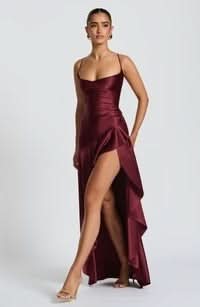 Burgundy satin maxi dress with high slit and ruched waist detail