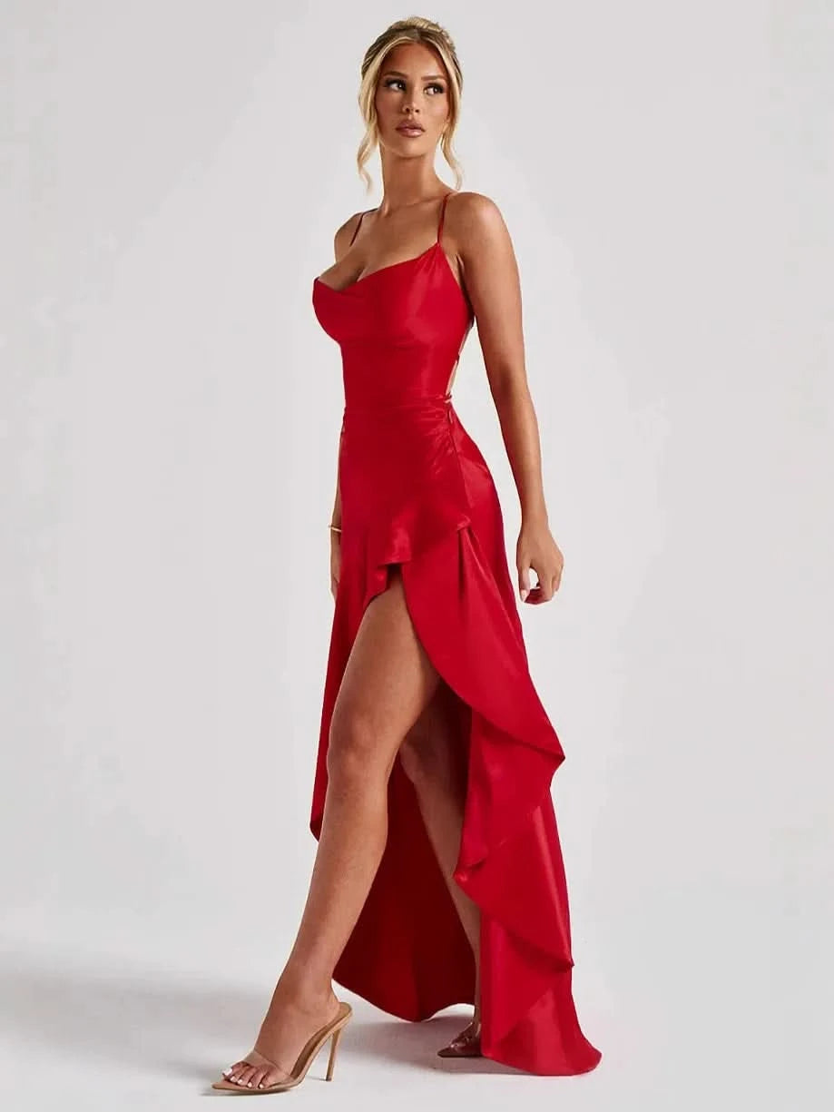Red satin maxi dress with spaghetti straps and high slit detail