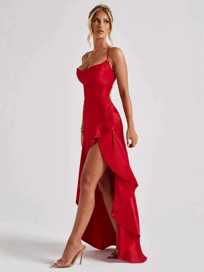 Red satin maxi dress with spaghetti straps and high slit detail