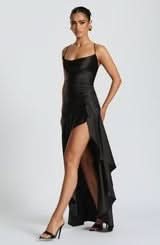 Navy satin maxi dress with gathered side detail and thigh-high slit
