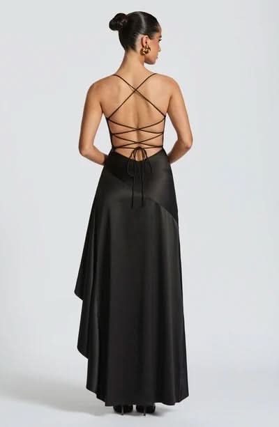 Black satin maxi dress with strappy back and high leg slit front