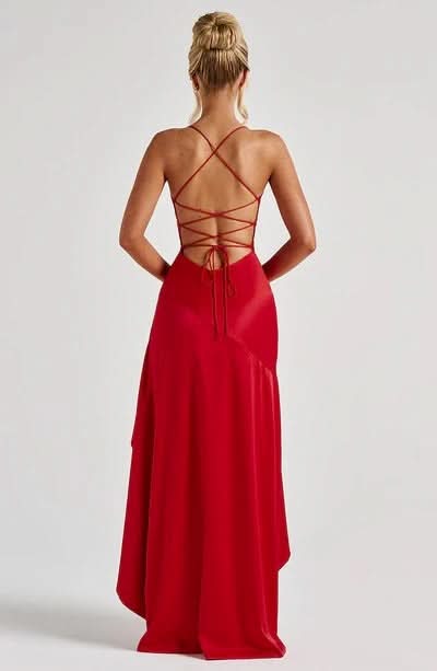 Red maxi dress back view with lace-up crisscross straps