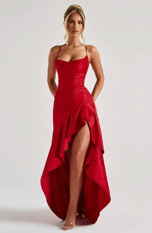 Red satin maxi dress with cowl neckline and high-low ruffle hem