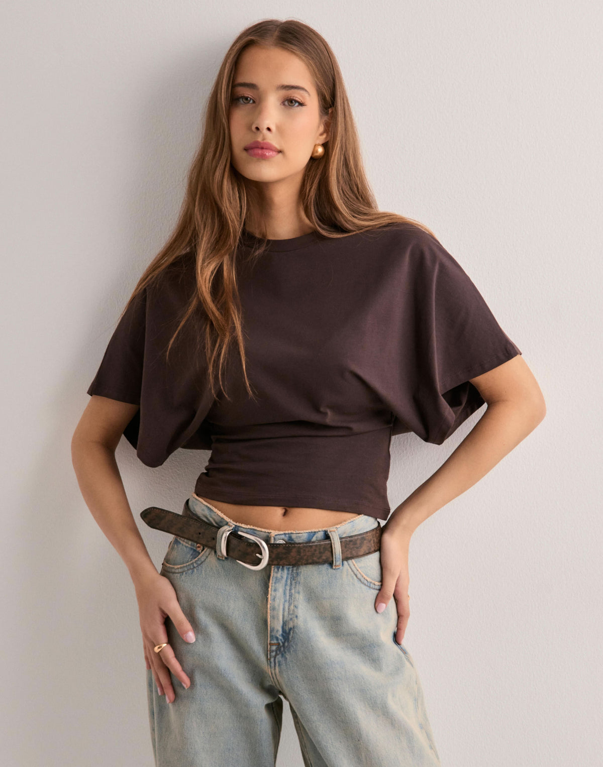 Black cropped wide sleeve tee with crew neckline