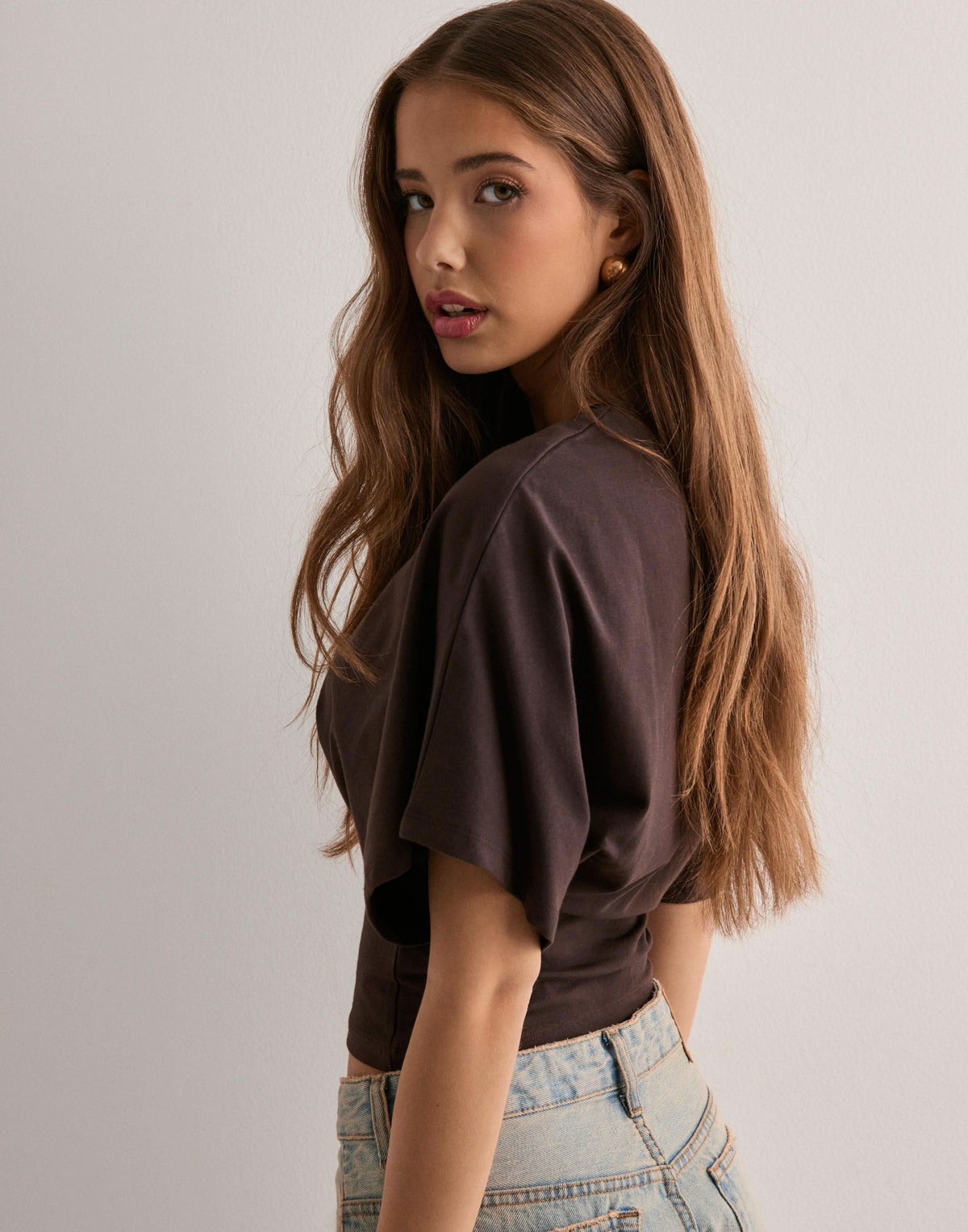Chocolate brown wide sleeve tee back view