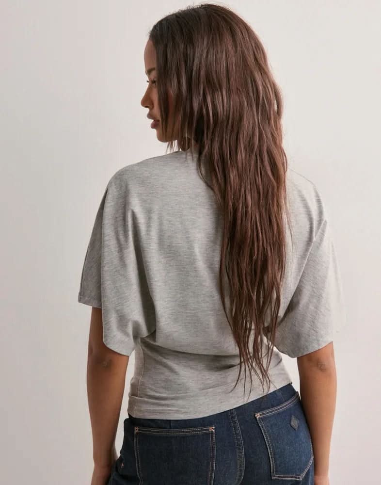 Gray wide sleeve tee back view showing relaxed fit