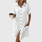 SANNE | CUFFED SLEEVE SHIRT MINI DRESS - White