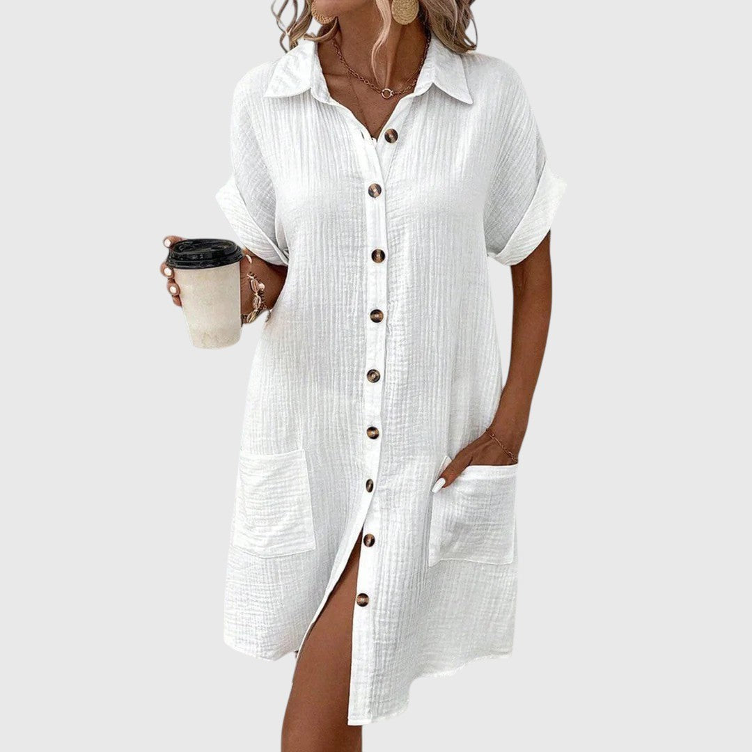 SANNE | CUFFED SLEEVE SHIRT MINI DRESS - White