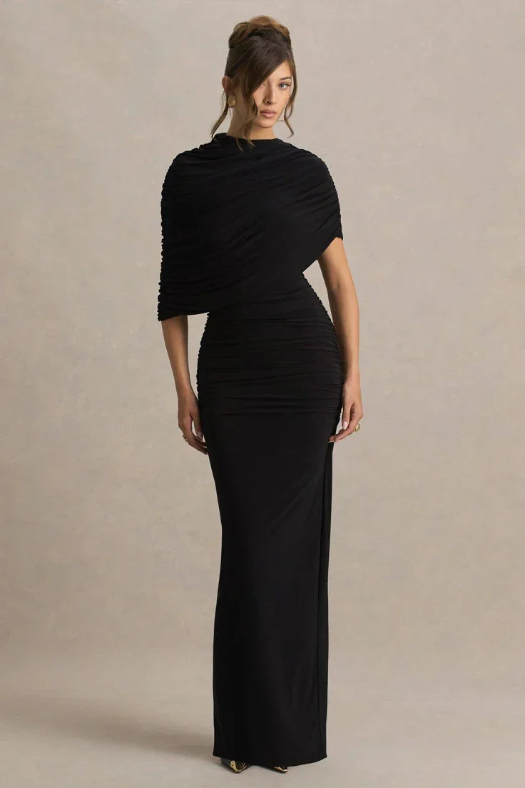 SANTINA | DRAPED CAPE SLEEVE MAXI DRESS - Black