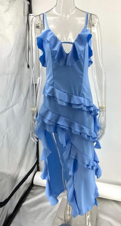 Mannequin display of periwinkle maxi dress with cascading ruffles