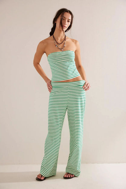 Green and white striped strapless crop top with matching wide-leg pants