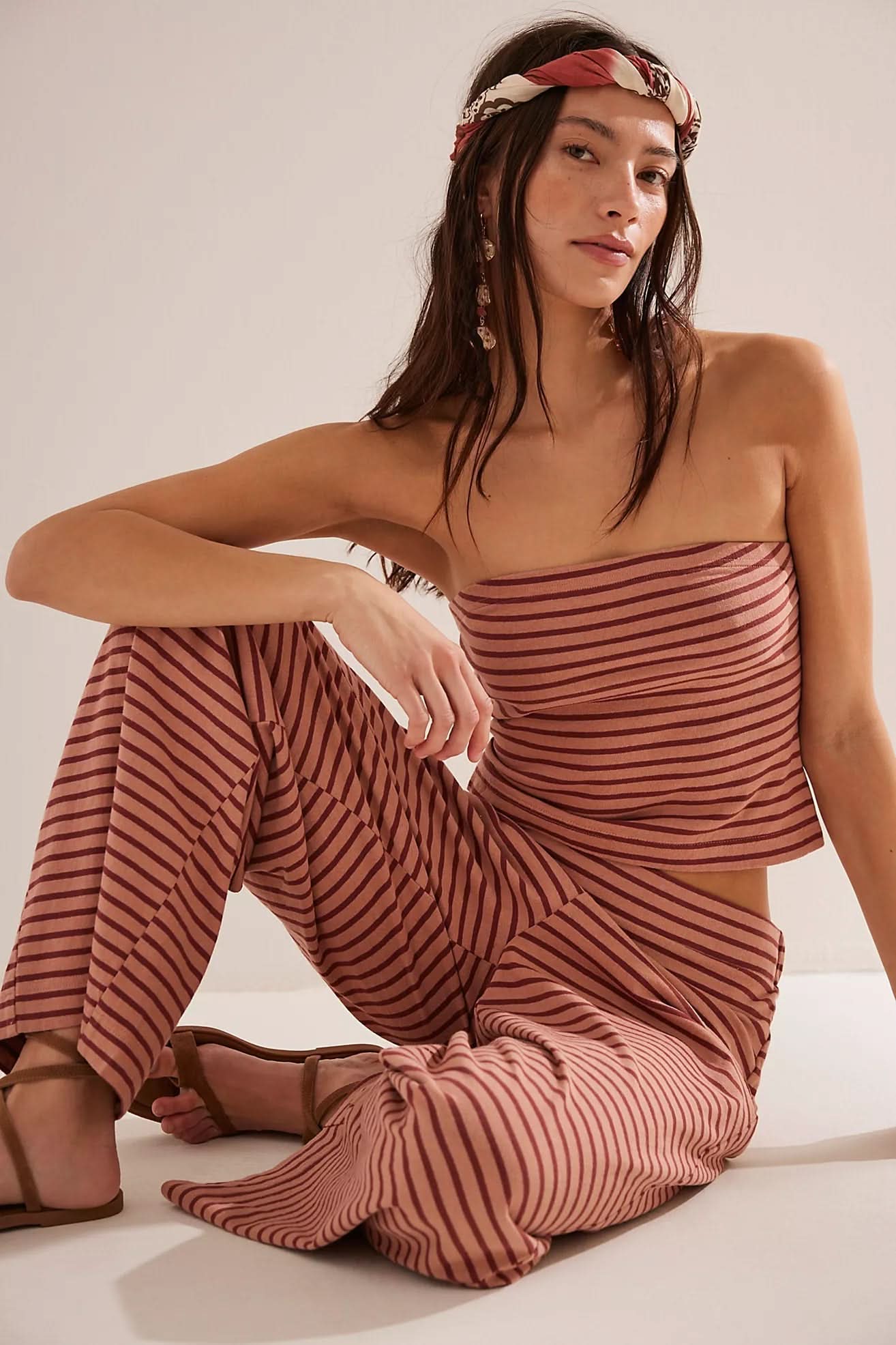 Mauve and tan striped bandeau tank top with coordinating relaxed-fit pants