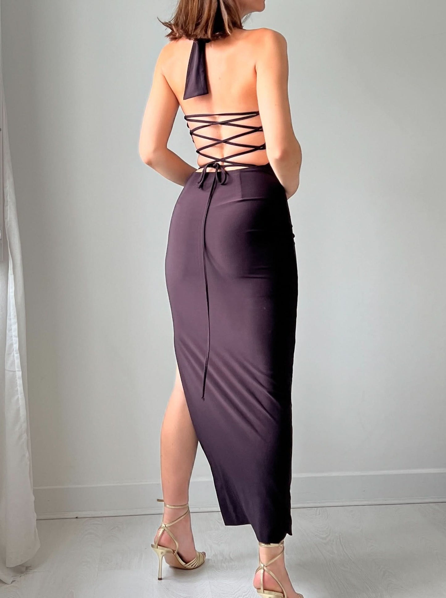 Charcoal halter maxi dress back view with high slit
