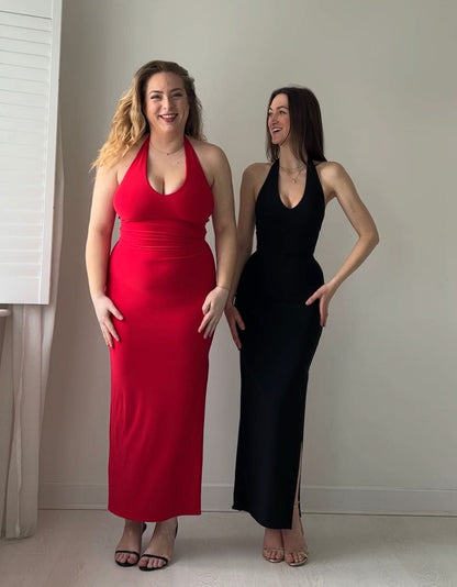 Red and black halter maxi dress on two models