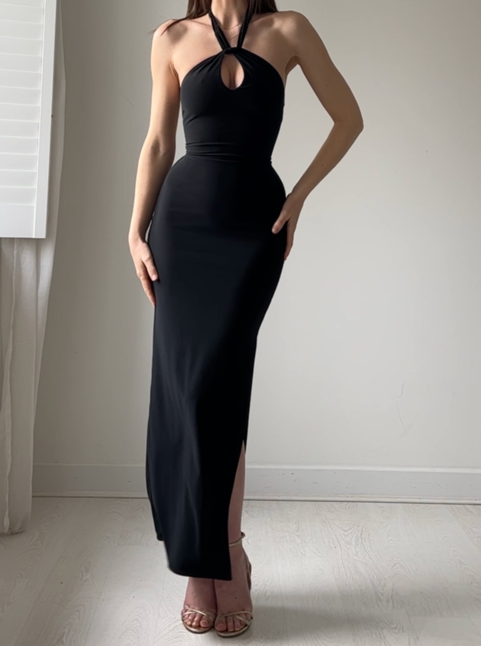 Black halter maxi dress with high slit detail