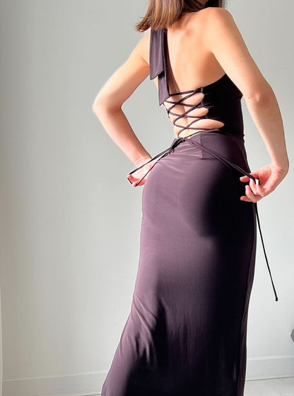 Charcoal halter maxi dress back with lace-up straps