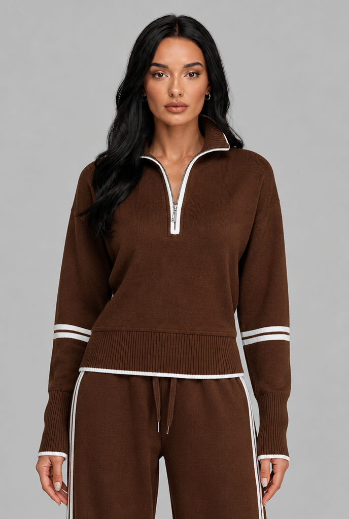 SAYLOR | HALF-ZIP STRIPED LOUNGE SET - Brown