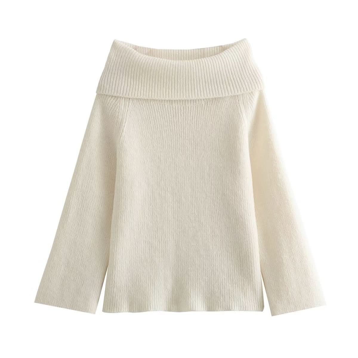 Cream ribbed knit sweater with wide fold-over neckline