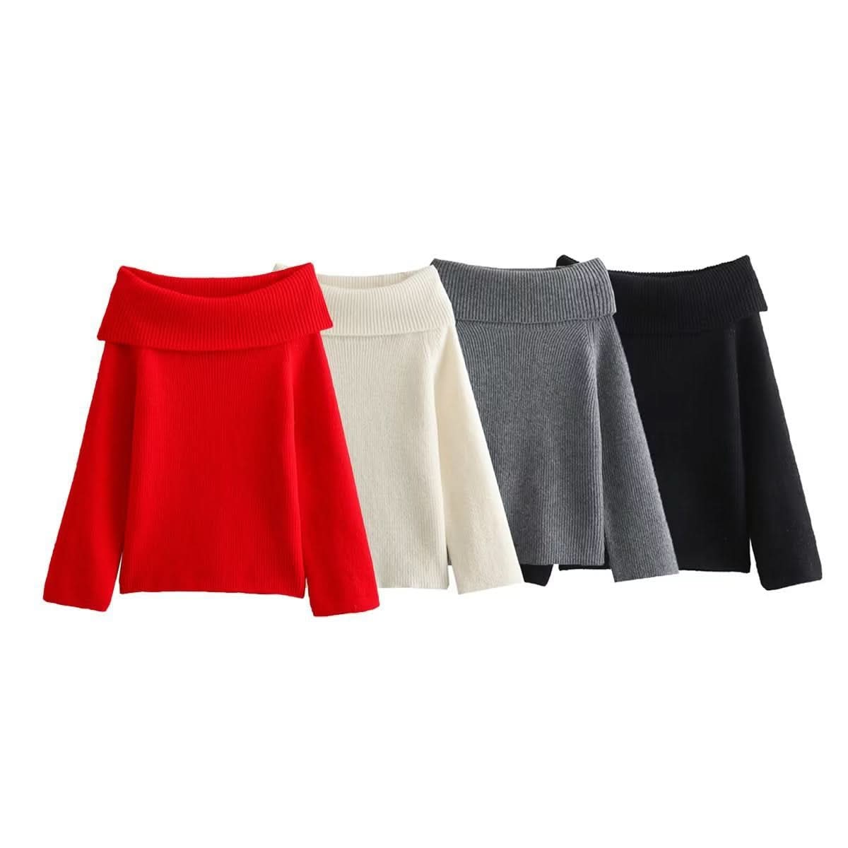 Off-shoulder sweater available in red, cream, charcoal, and black
