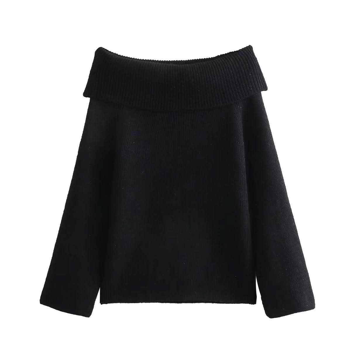 Black ribbed knit off-shoulder sweater with folded collar