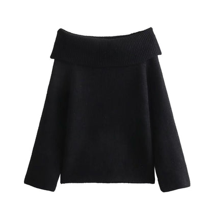 Black ribbed knit off-shoulder sweater with folded collar