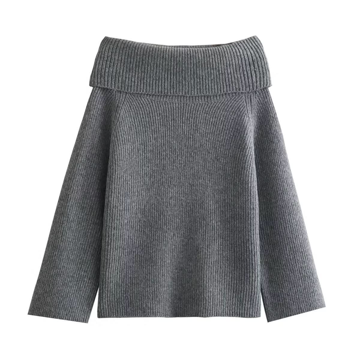 Charcoal gray off-shoulder knit sweater with textured ribbing