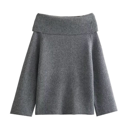 Charcoal gray off-shoulder knit sweater with textured ribbing