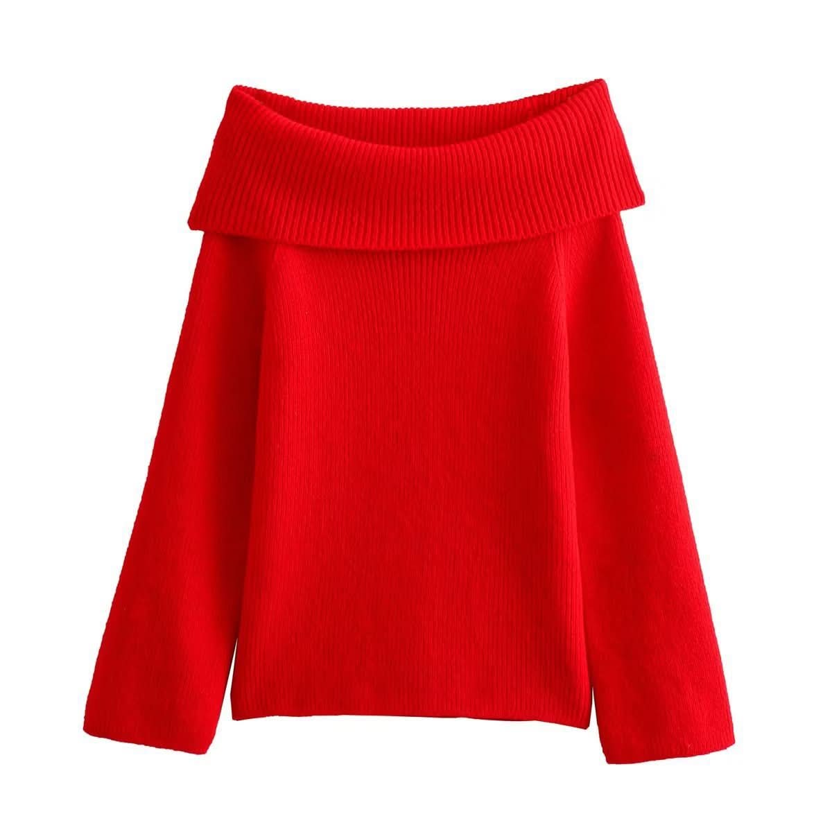 Red ribbed knit off-shoulder sweater with wide neckline