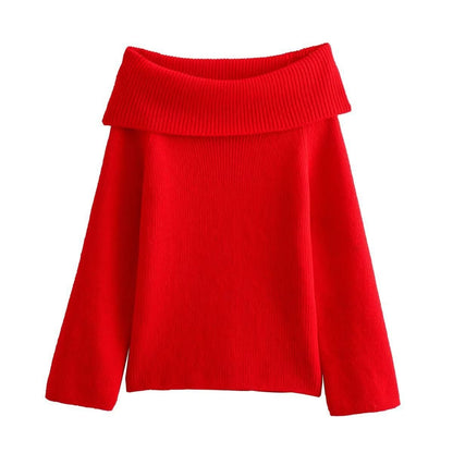 Red ribbed knit off-shoulder sweater with wide neckline