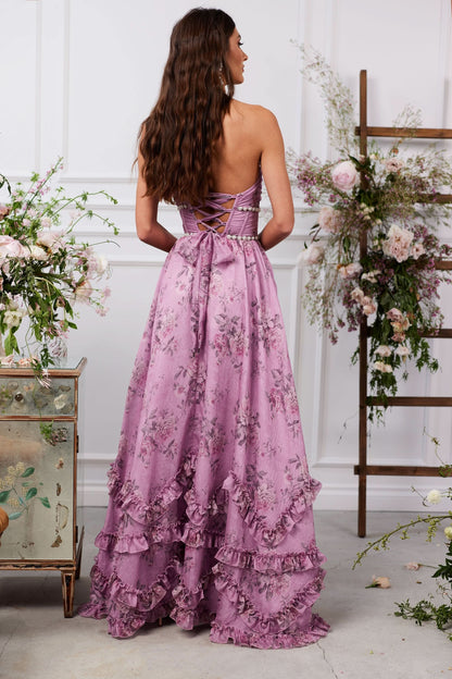 Mauve purple floral halter maxi dress with ruched bodice and tiered ruffled skirt from back