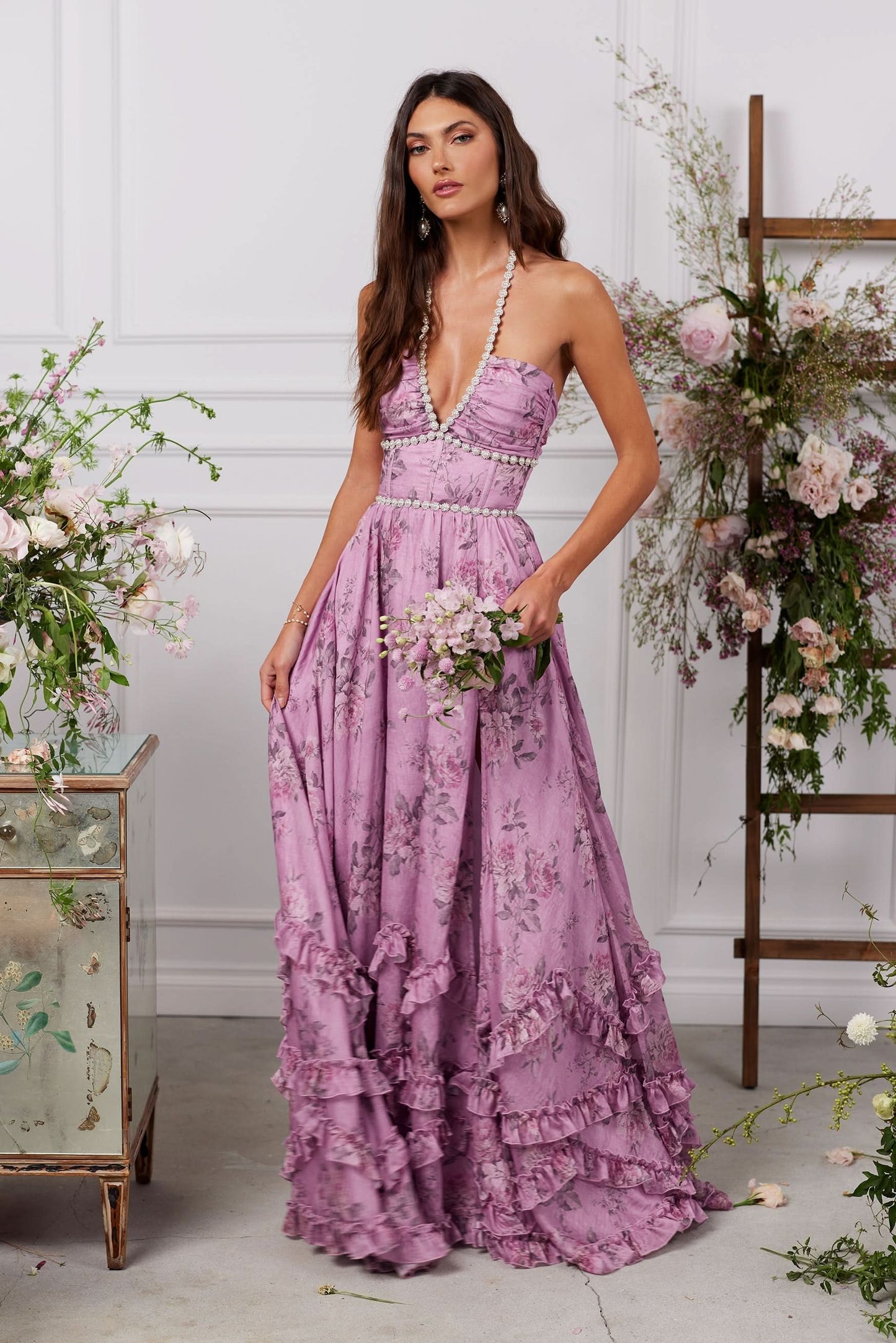 Mauve purple floral halter maxi dress with beaded waist and tiered ruffled hem front view
