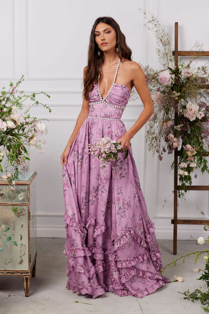 Mauve purple floral halter maxi dress with beaded waist and tiered ruffled hem front view