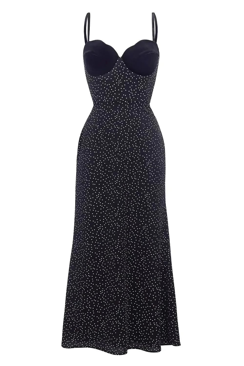 Black polka dot midi dress flat lay detail showing velvet neckline and fit