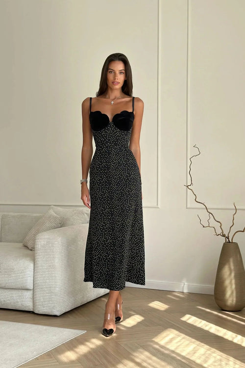 Black polka dot midi dress with velvet sweetheart neckline and spaghetti straps