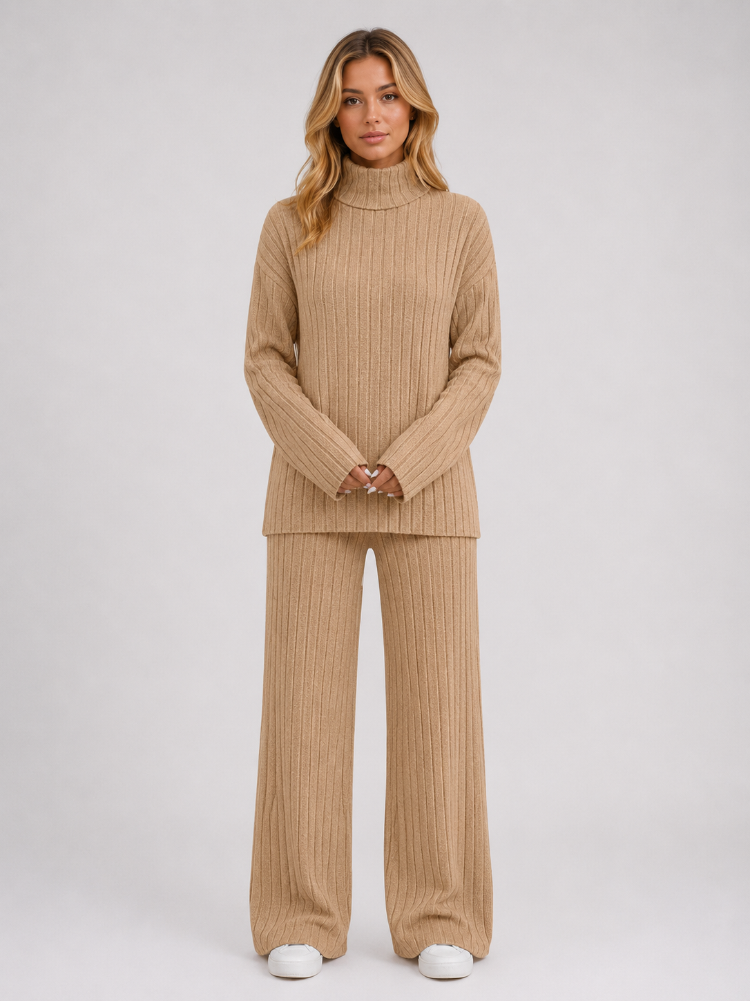 SELMA | ROLL NECK RIBBED KNIT LOUNGE SET - Beige