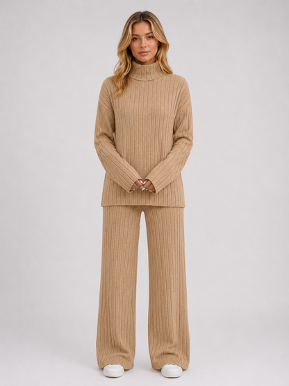 SELMA | ROLL NECK RIBBED KNIT LOUNGE SET - Beige
