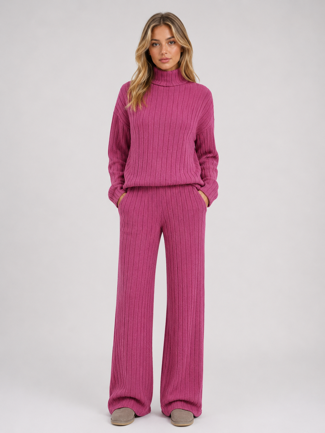 SELMA | ROLL NECK RIBBED KNIT LOUNGE SET - Berry Pink