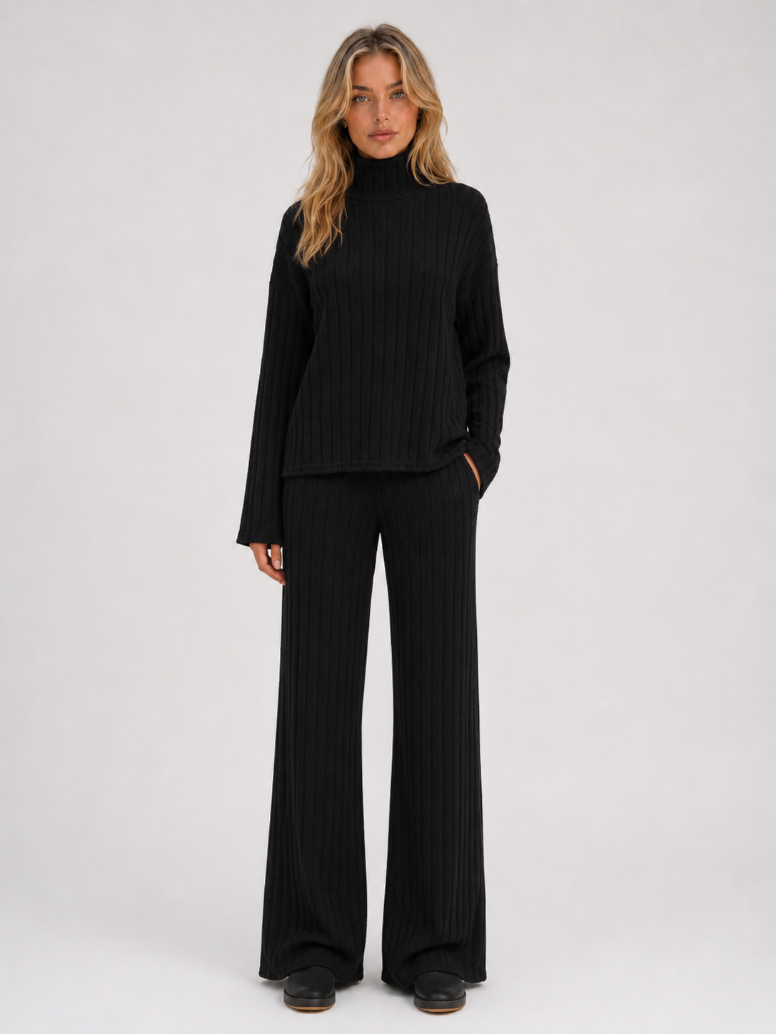 SELMA | ROLL NECK RIBBED KNIT LOUNGE SET - Black