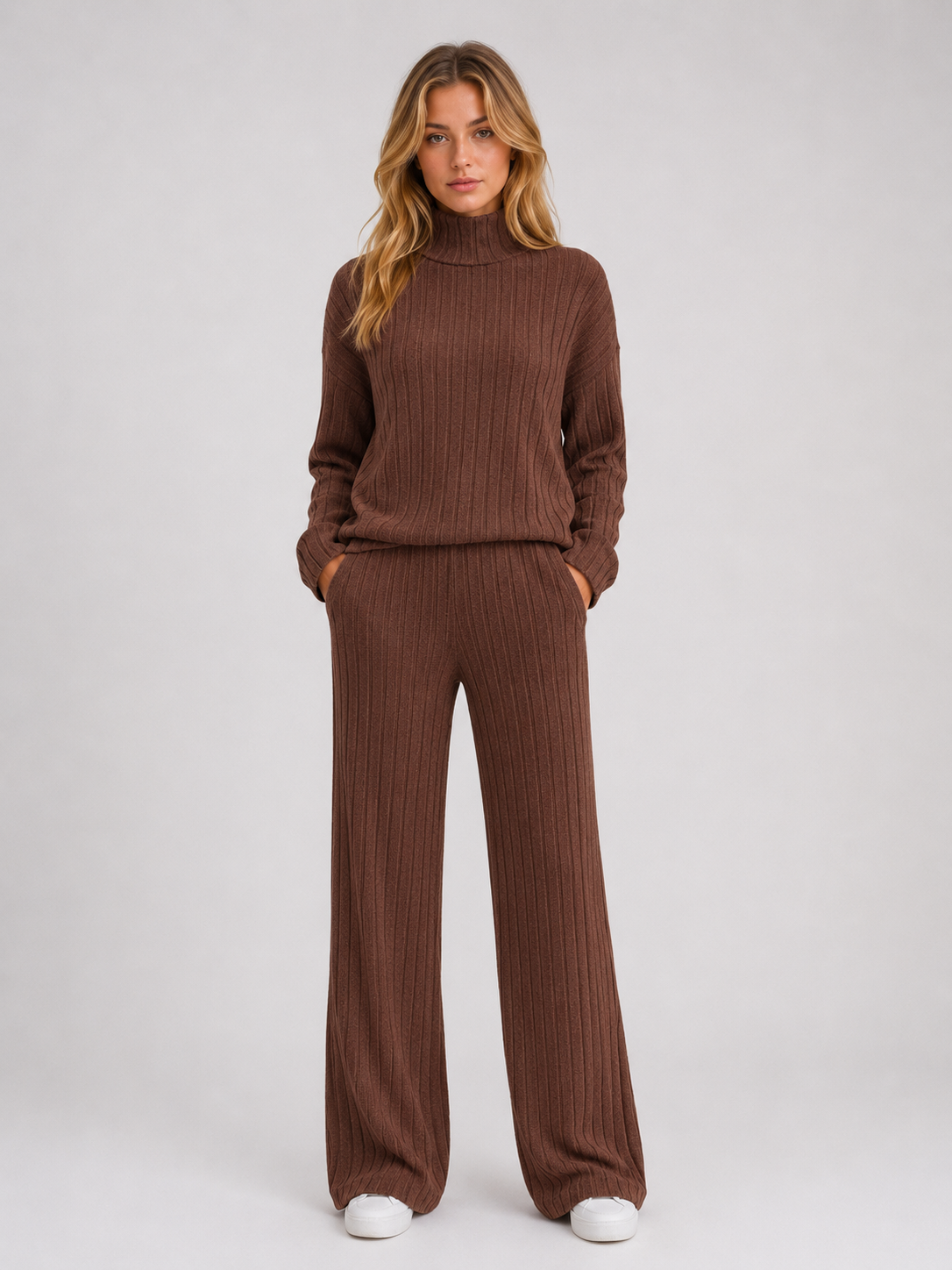 SELMA | ROLL NECK RIBBED KNIT LOUNGE SET - Chocolate Brown