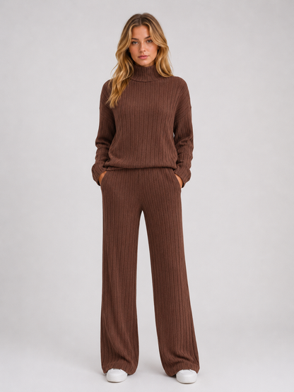 SELMA | ROLL NECK RIBBED KNIT LOUNGE SET - Chocolate Brown