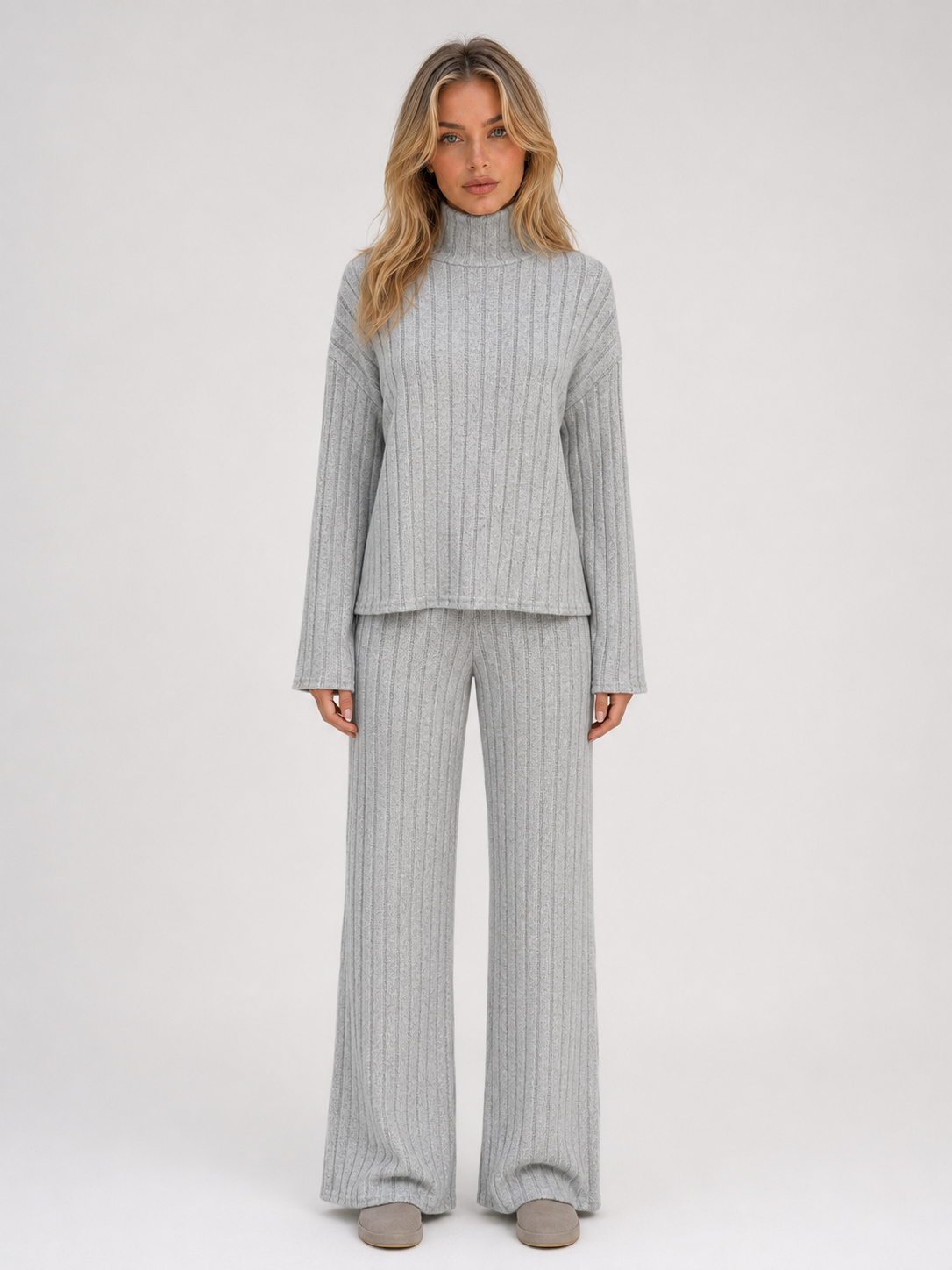 SELMA | ROLL NECK RIBBED KNIT LOUNGE SET - Gray