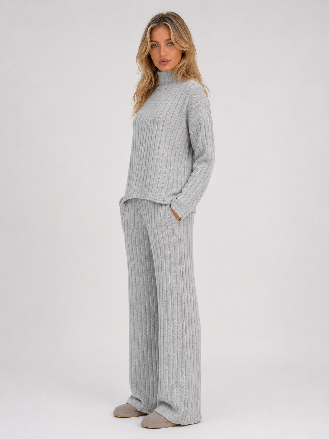 SELMA | ROLL NECK RIBBED KNIT LOUNGE SET - Gray