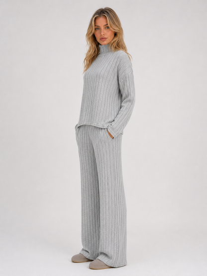 SELMA | ROLL NECK RIBBED KNIT LOUNGE SET - Gray