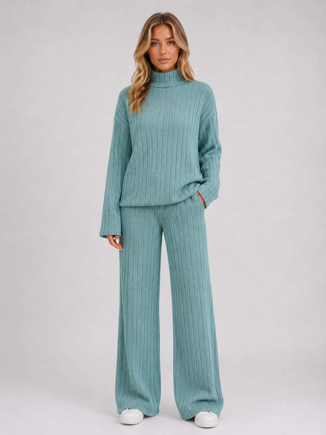 SELMA | ROLL NECK RIBBED KNIT LOUNGE SET - Sage Green