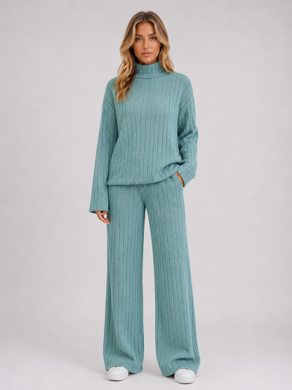 SELMA | ROLL NECK RIBBED KNIT LOUNGE SET - Sage Green
