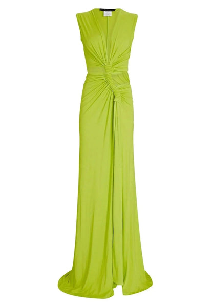 Chartreuse sleeveless maxi dress with twisted center cutout detail