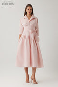 SEVDA | TAFFETA BELTED SHIRT MIDI DRESS - Blush Pink