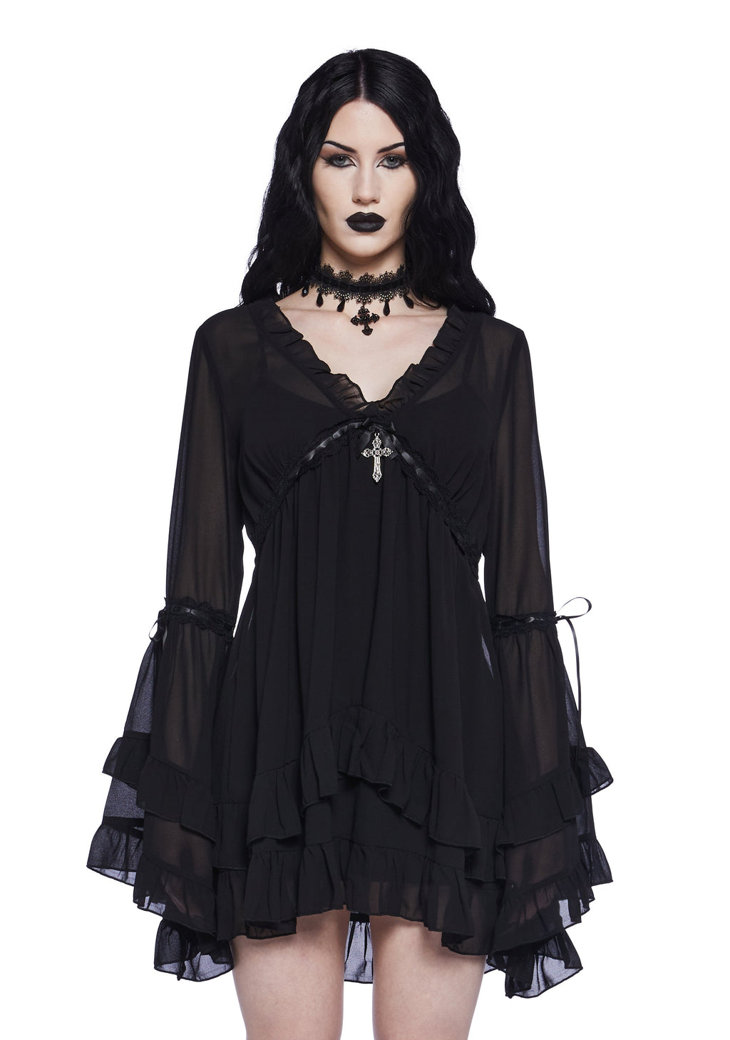 SHANTI | SHEER RUFFLE BELL SLEEVE MINI DRESS - Black